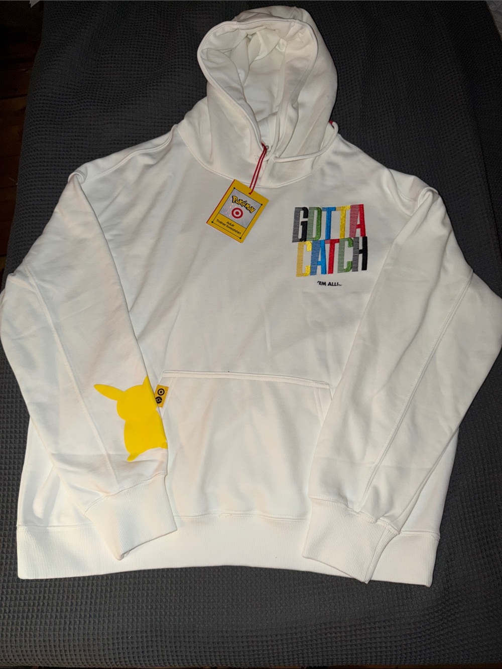 Pokemon White Hoodie with Multicolor "GOTTA CATCH" and Yellow Pikachu Accent NWT